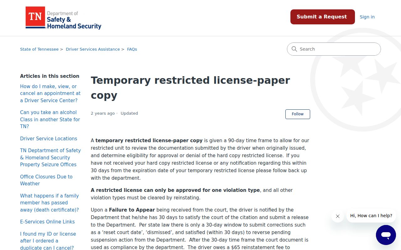 Tennessee traffic warrant FTA: 30-day license compliance notice