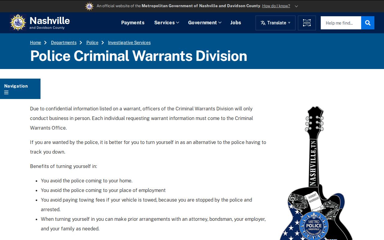 Tennessee active warrant verification: Metro Nashville in-person policy
