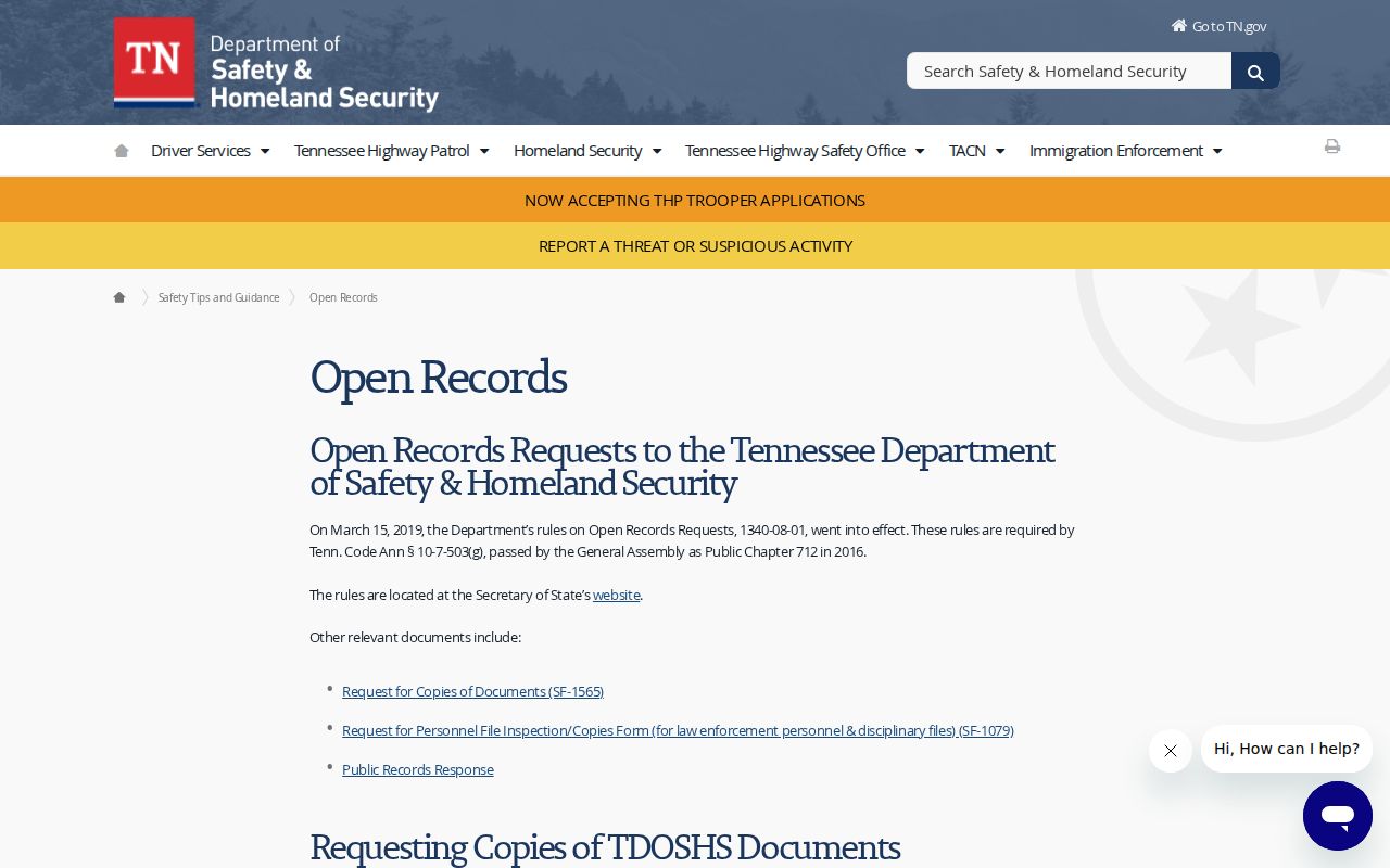 Tennessee warrant records: TDOSHS public-record request routes and forms