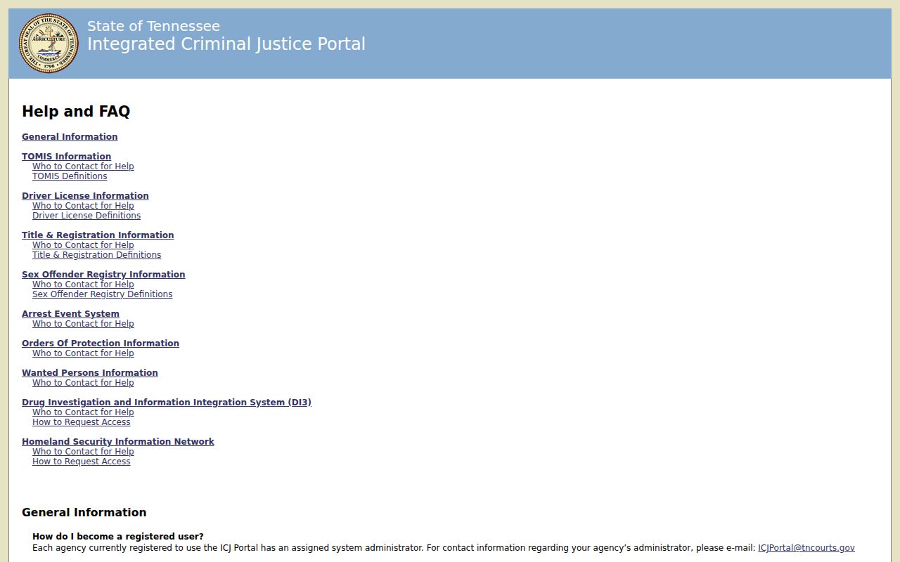 Tennessee warrant system: TNCRIM Wanted Persons contact and technical support